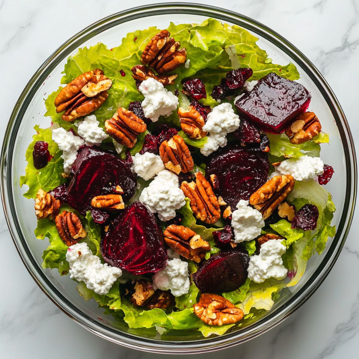 Overhead view of a colorful goat cheese salad recipe with greens, cheese, pecans, cranberries, and beets in a glass bowl on a marble counter.

