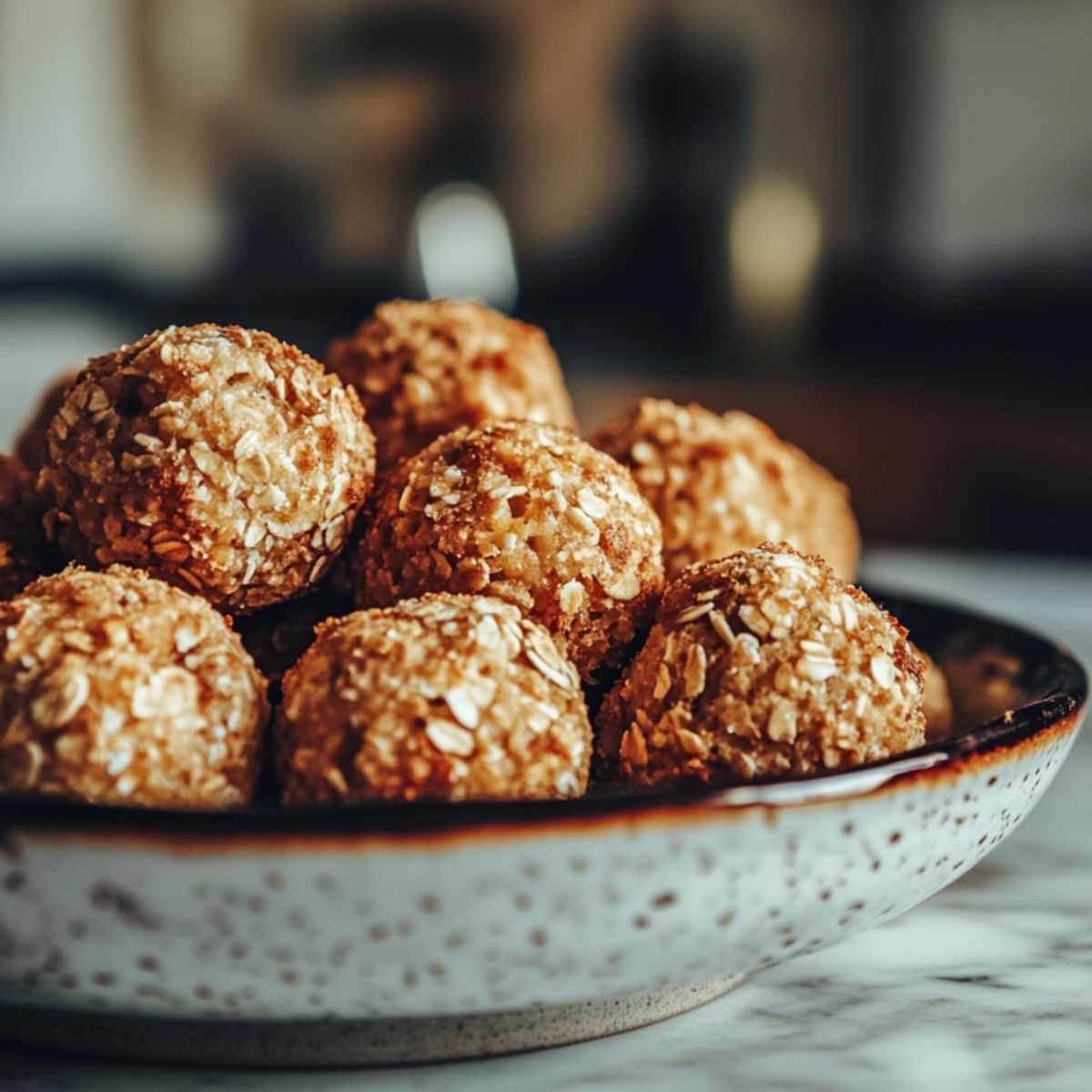 Homemade oatmeal balls recipe on a white marble counter