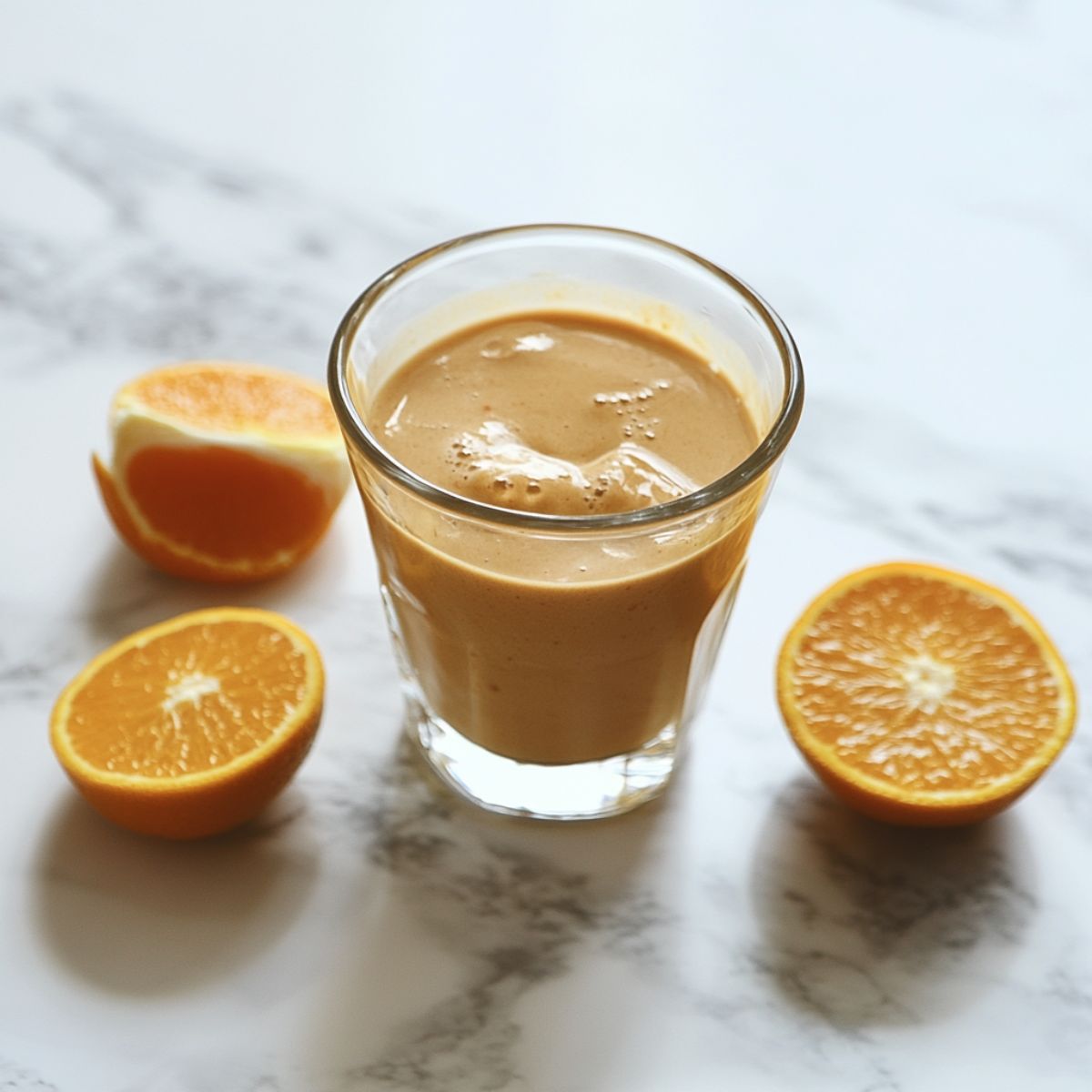 Homemade orange smoothie recipe in a clear glass on a white marble counter