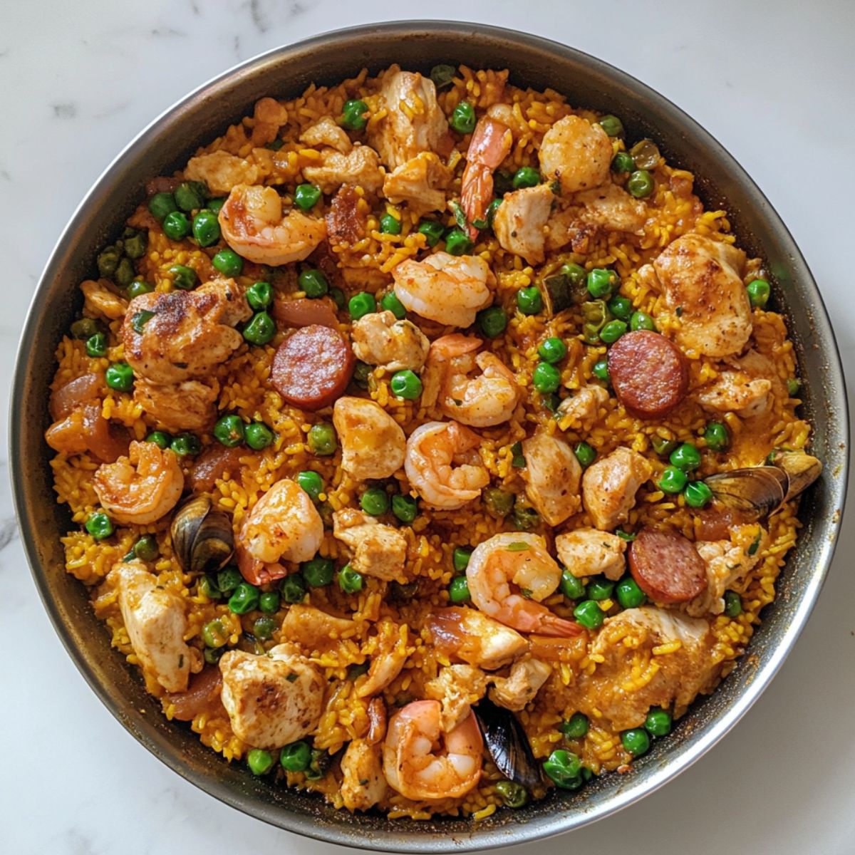 A top-view of freshly made paella recipe served in a glass pan with shrimp, mussels, chicken, and peas on white marble.