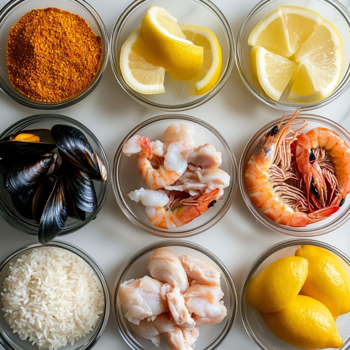All ingredients for paella recipe.laid out in glass bowls on a white marble countertop, from chicken to saffron and seafood.