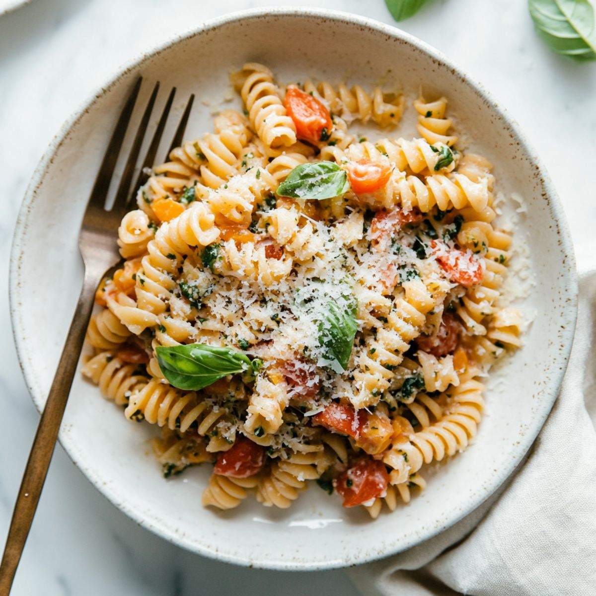 Homemade pasta primavera recipe with colorful vegetables and Parmesan on white plate