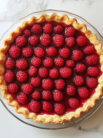 Overhead view of a homemade raspberry tart recipe with a golden crust and glistening raspberries on a white marble counter