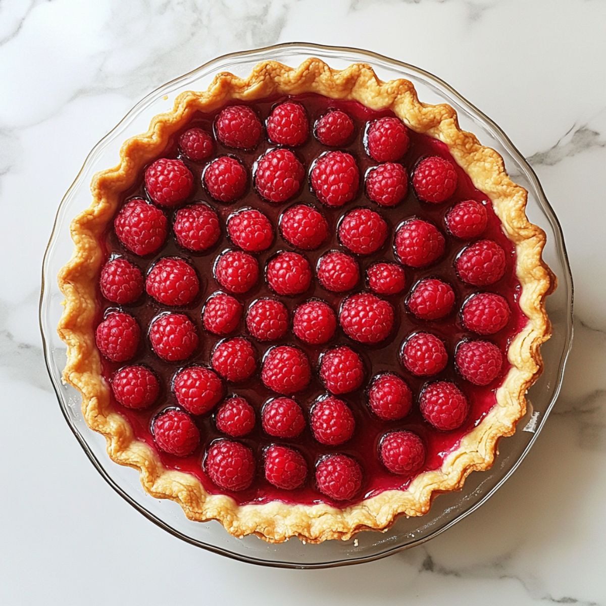 Overhead view of a homemade raspberry tart recipe with a golden crust and glistening raspberries on a white marble counter
