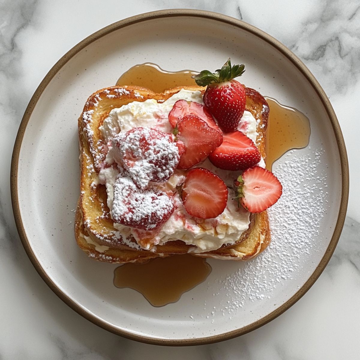 Strawberry cream cheese French toast recipe on a plate with fresh toppings