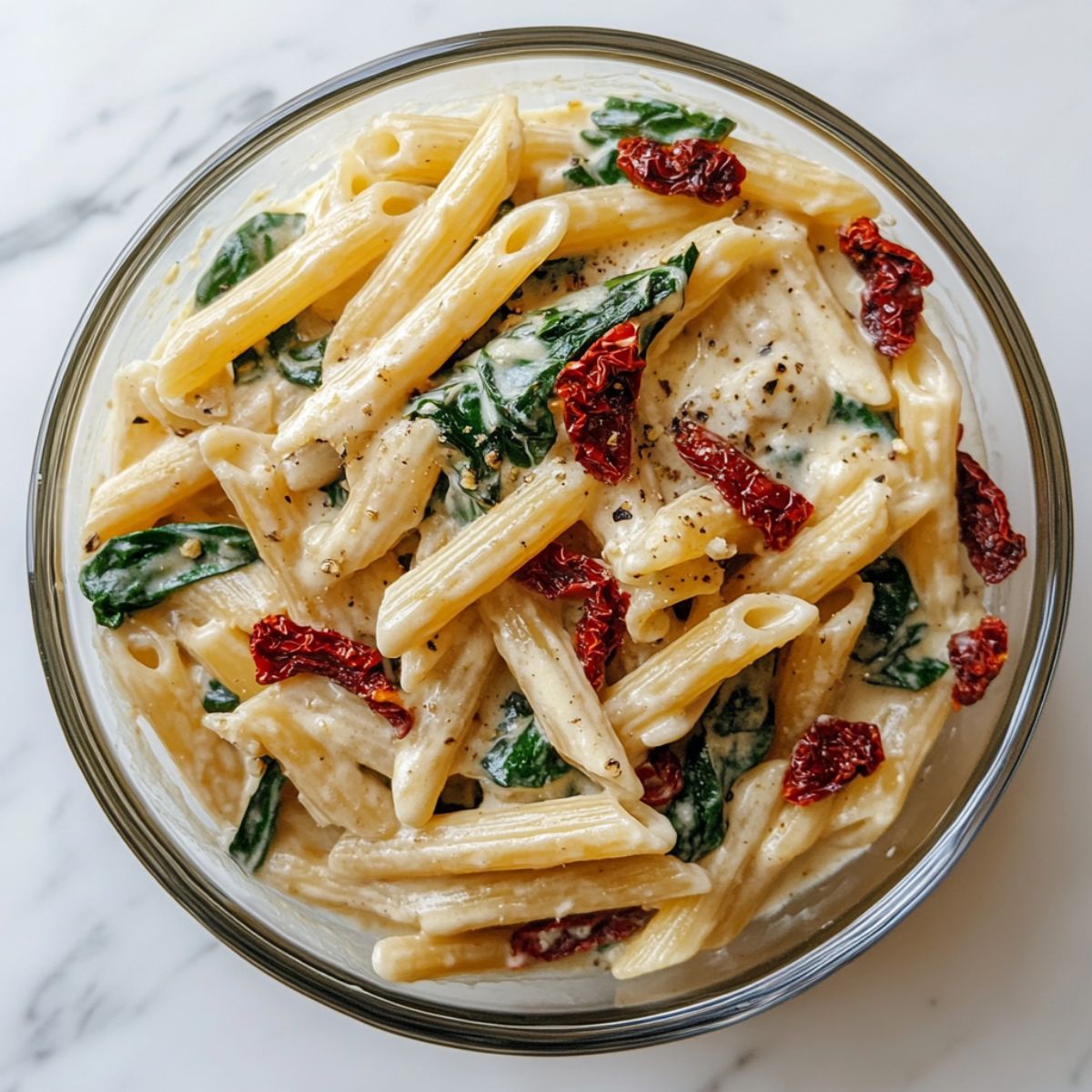 Creamy Tuscan pasta recipe in a glass bowl on a marble counter