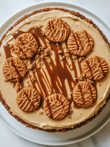 Homemade Biscoff cheesecake recipe topped with Biscoff spread and crushed cookies on a white marble counter.