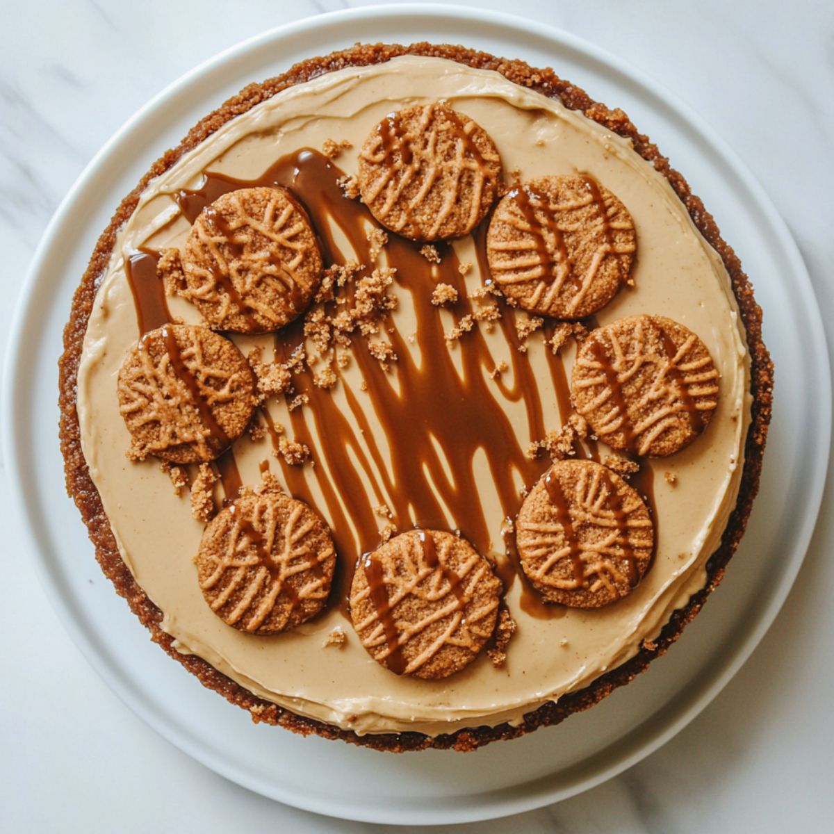 Homemade Biscoff cheesecake recipe topped with Biscoff spread and crushed cookies on a white marble counter.
