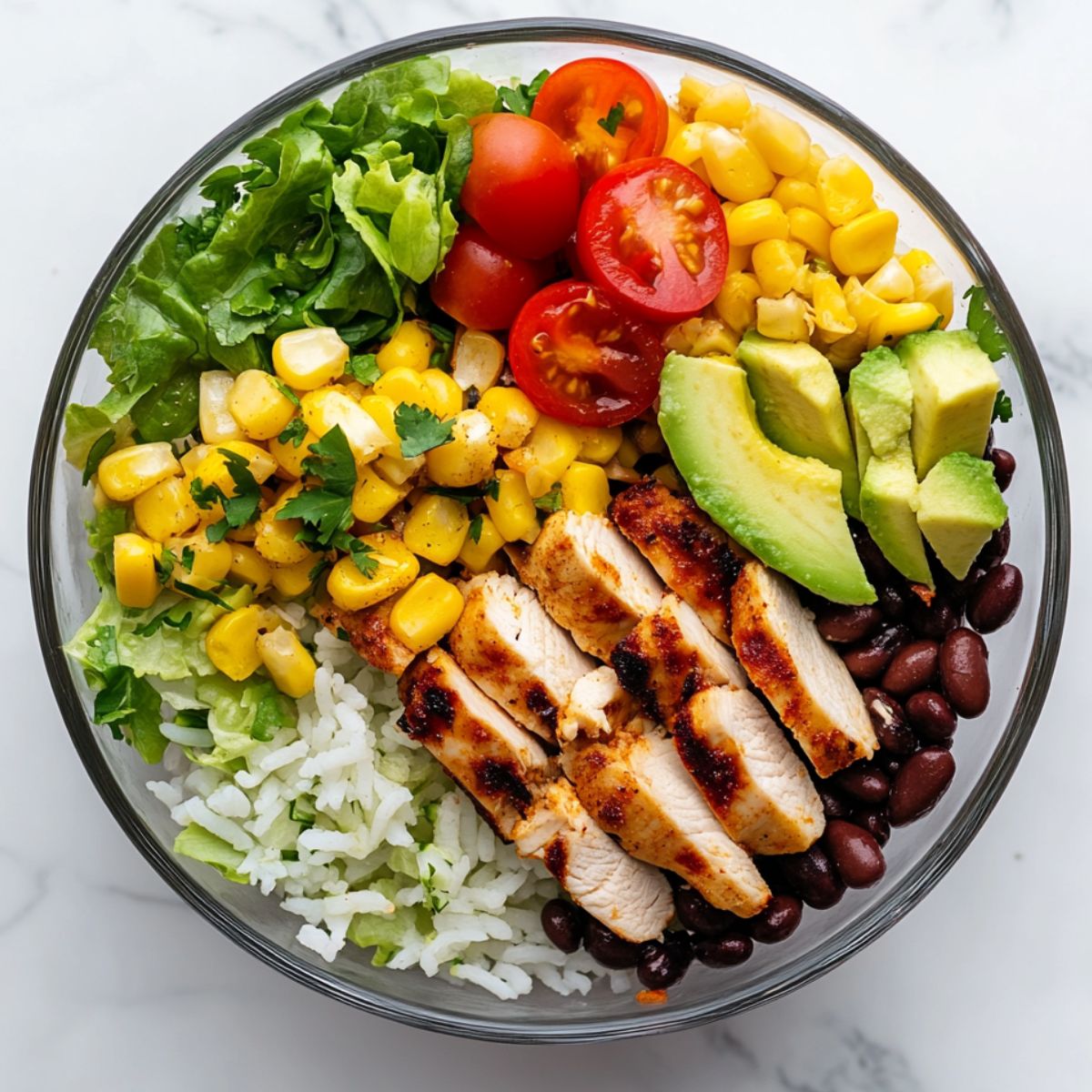 Overhead view of a colorful,burrito bowls recipe on white marble with fresh toppings and lime.