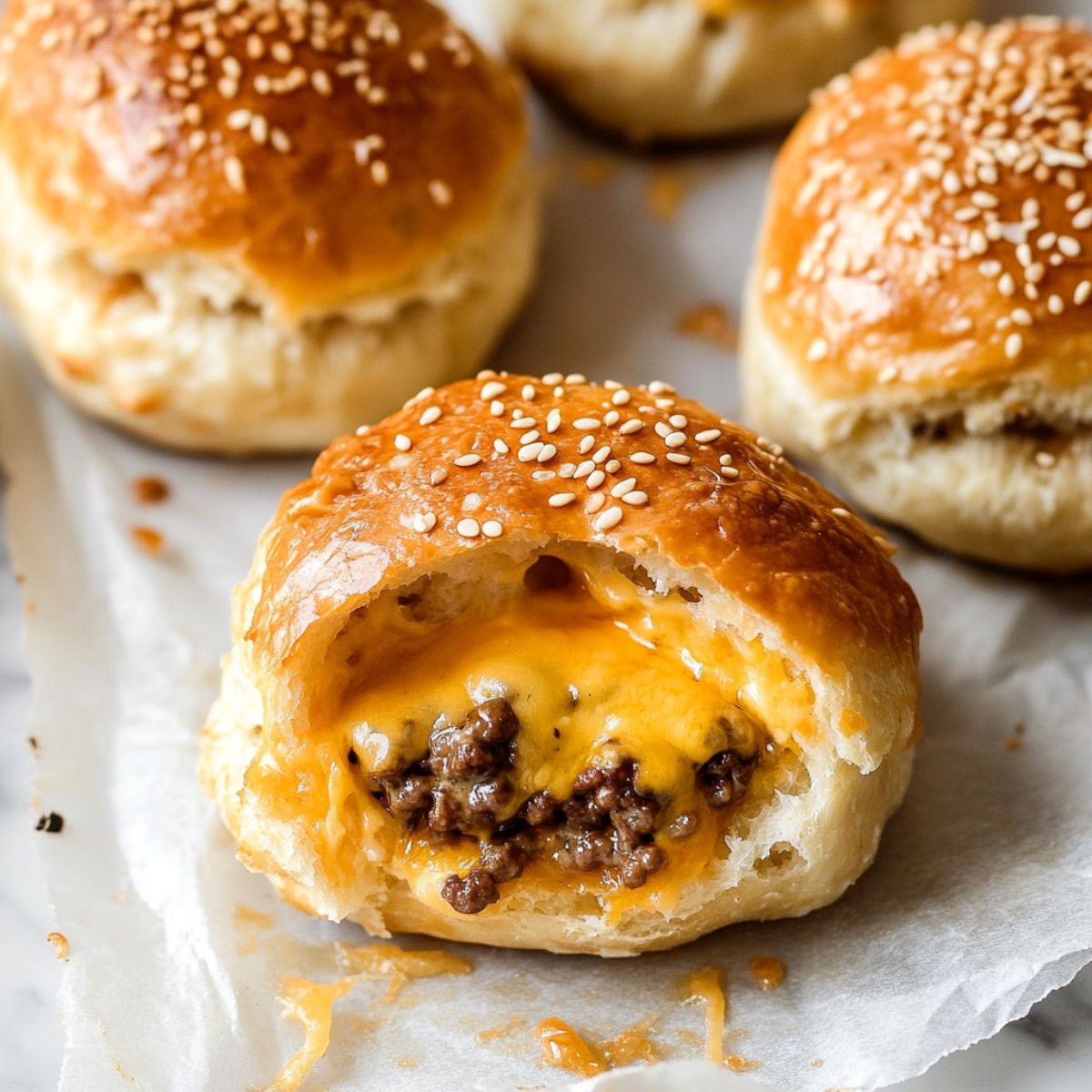 Golden, cheese-stuffed cheeseburger bombs recipe on a white counter with gooey beef filling, overhead view.