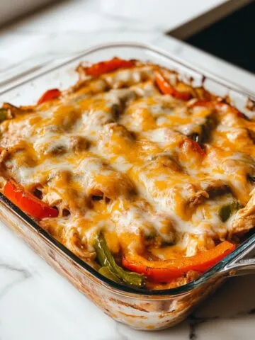 Freshly baked chicken fajita casserole recipe in a glass dish topped with melted cheese and colorful vegetables