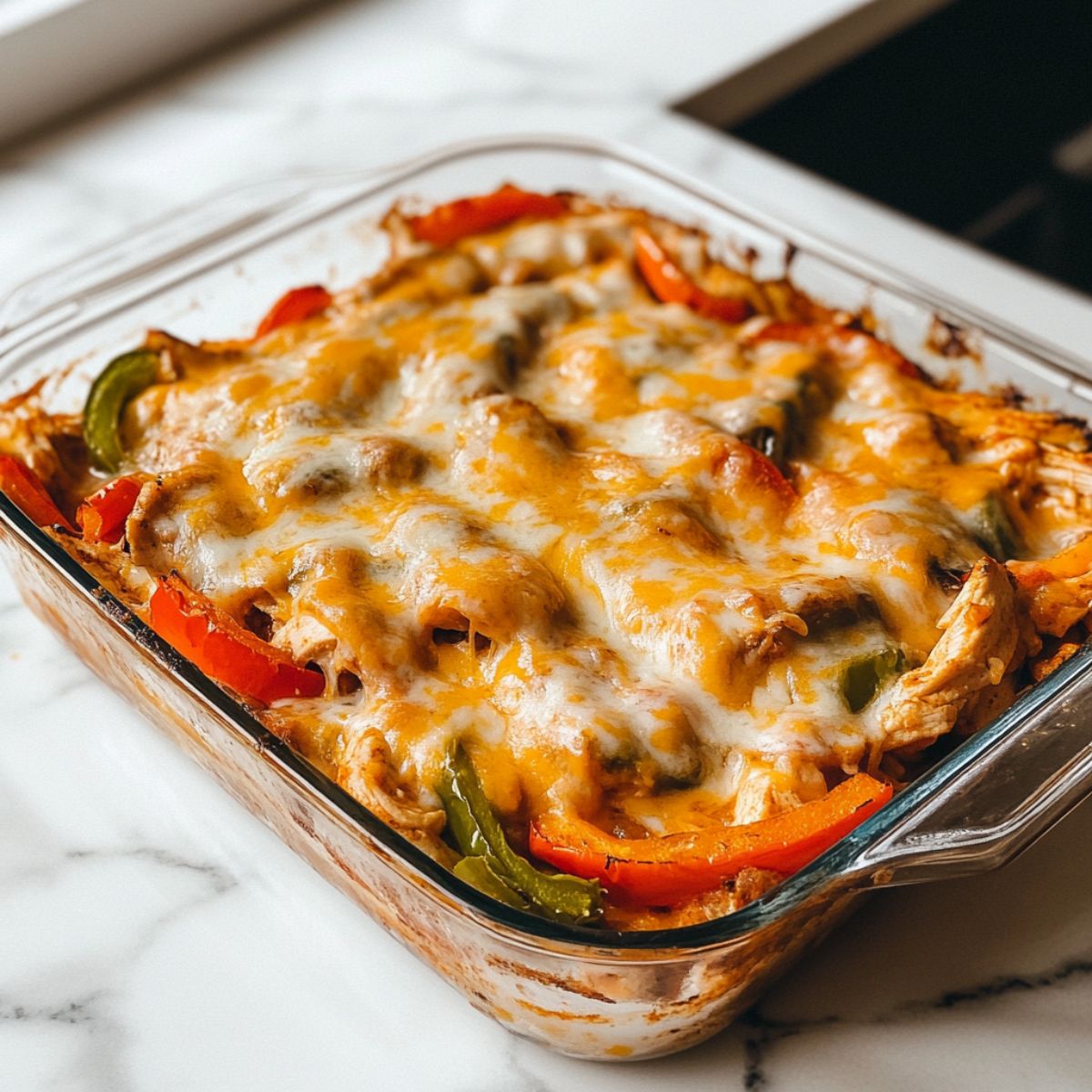 Freshly baked chicken fajita casserole recipe in a glass dish topped with melted cheese and colorful vegetables
