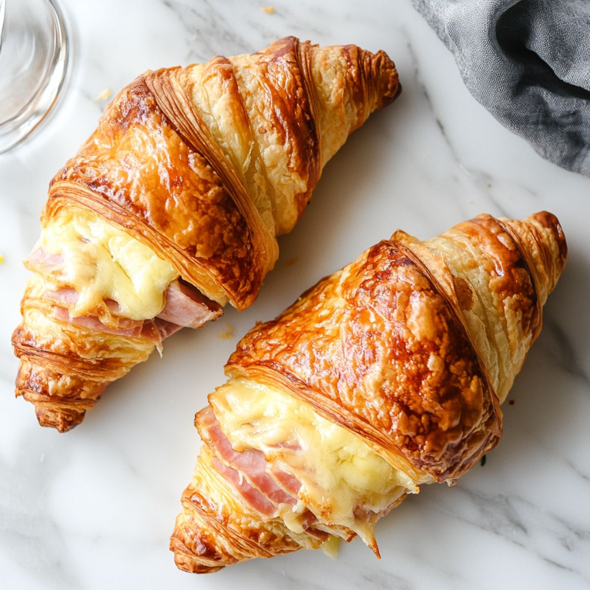 Golden baked ham and Swiss croissant recipe on a white marble counter