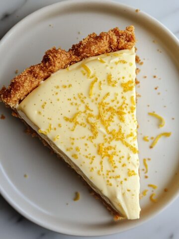 A slice of lemon cream pie recipe on a white plate with zest garnish