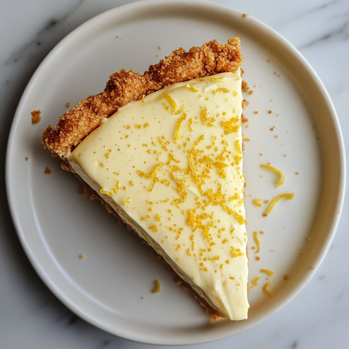 A slice of lemon cream pie recipe on a white plate with zest garnish