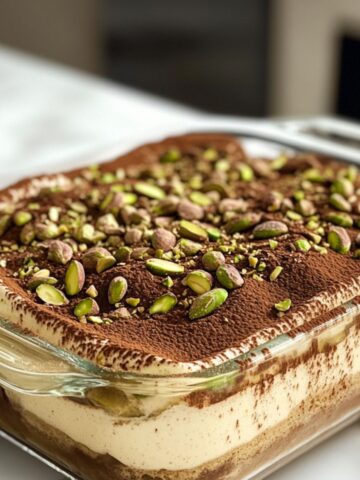 Top view of a full pistachio tiramisu recipe in a glass dish with cocoa and pistachios on white marble counter