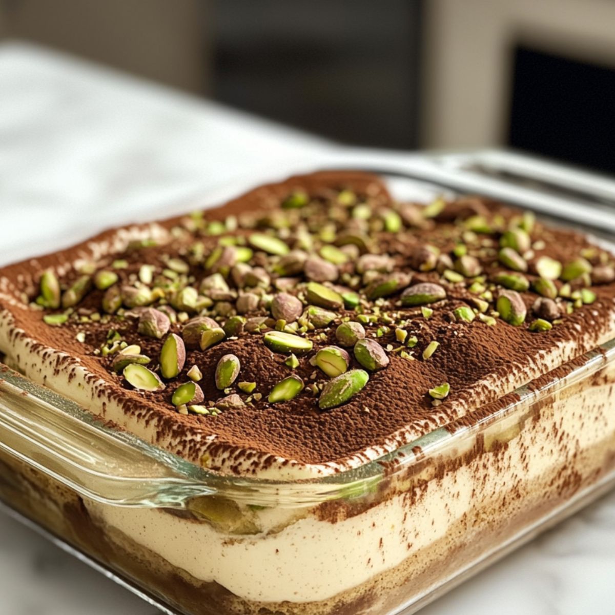 Top view of a full pistachio tiramisu recipe in a glass dish with cocoa and pistachios on white marble counter