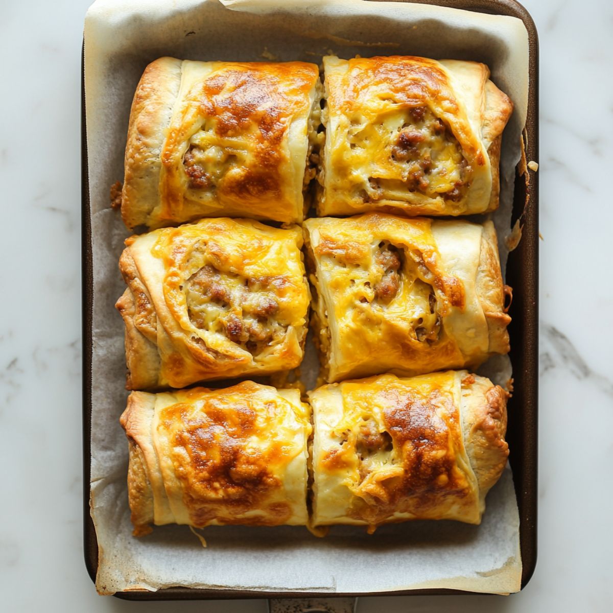 Freshly baked sausage egg, and cheese breakfast roll ups recipe on a white marble counter