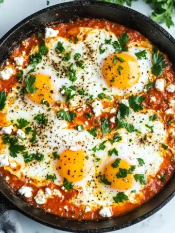 Shakshuka with feta recipe in a cast iron pan on a white marble kitchen counter, overhead view