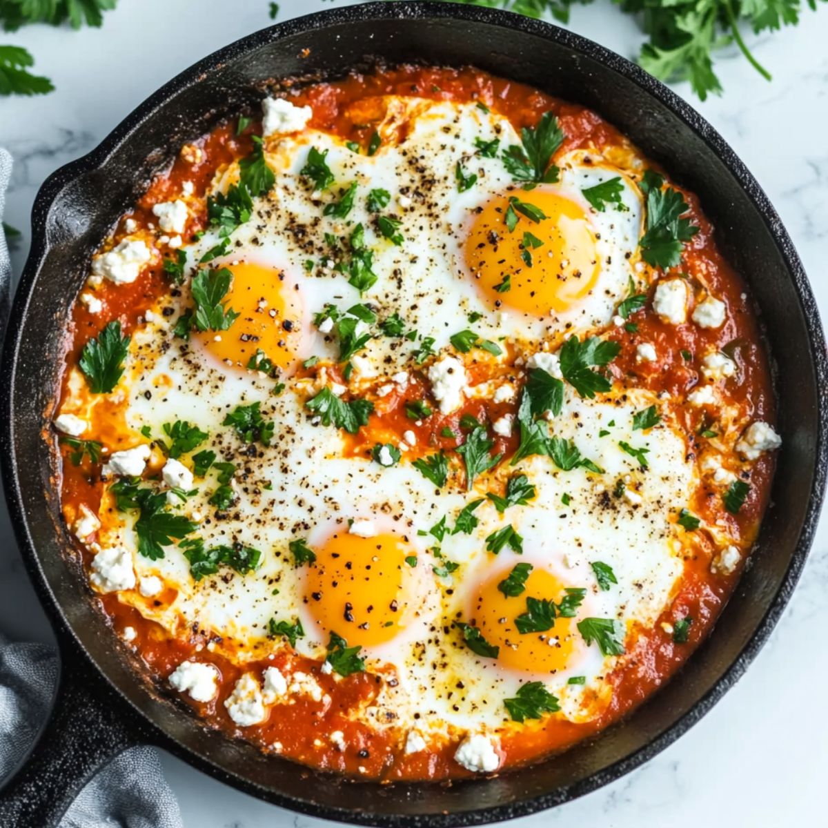 Shakshuka with feta recipe in a cast iron pan on a white marble kitchen counter, overhead view
