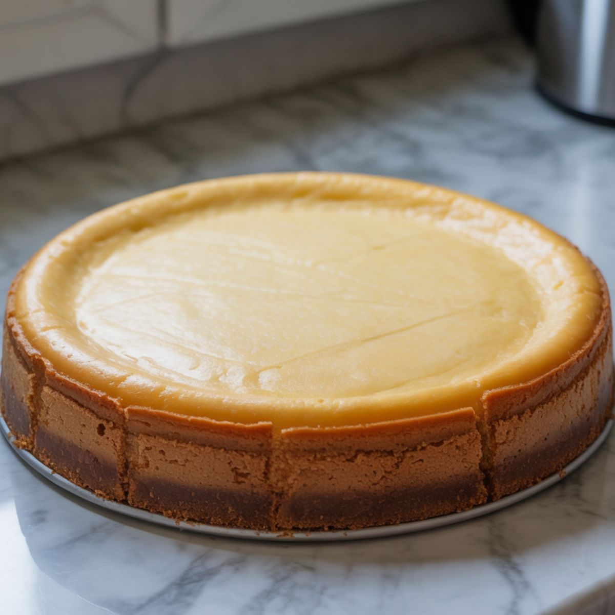 Whole homemade vanilla cheesecake recipe on a white marble counter, top-down view