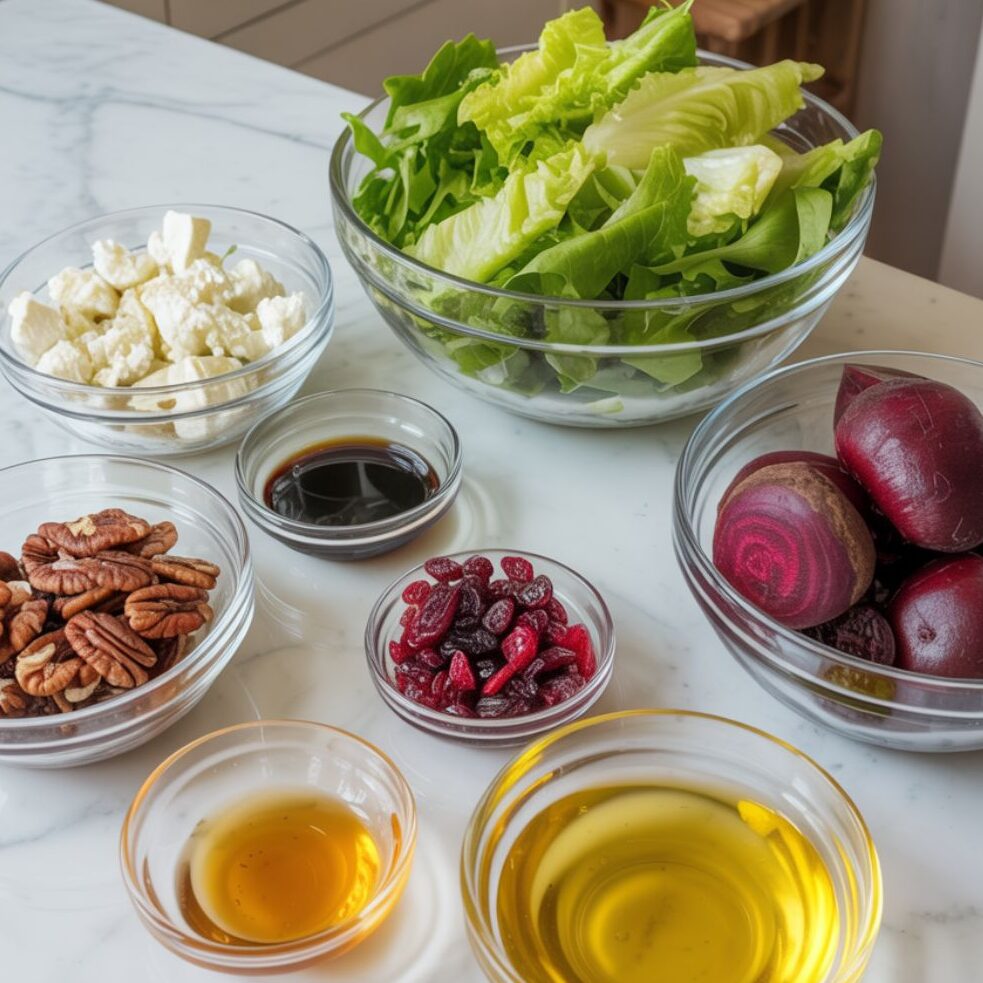 Overhead shot of individual salad ingredients like goat cheese, greens, pecans, cranberries, and vinaigrette items on a marble counter.