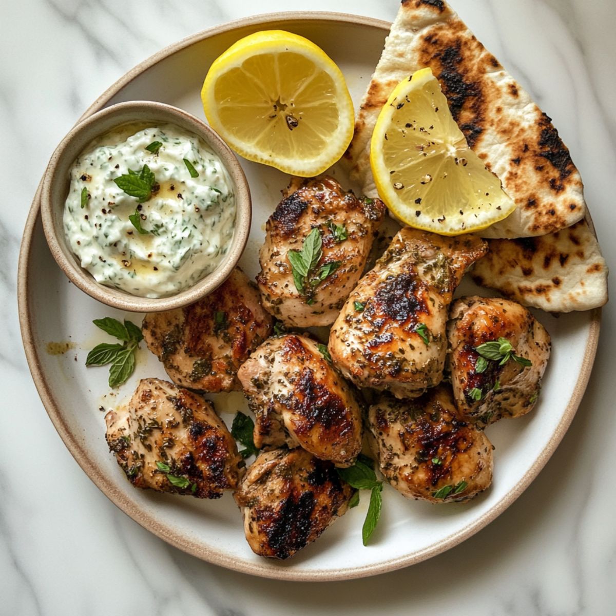 Authentic Greek chicken recipe with lemon and garlic in a glass baking dish, photographed on a white marble counter.