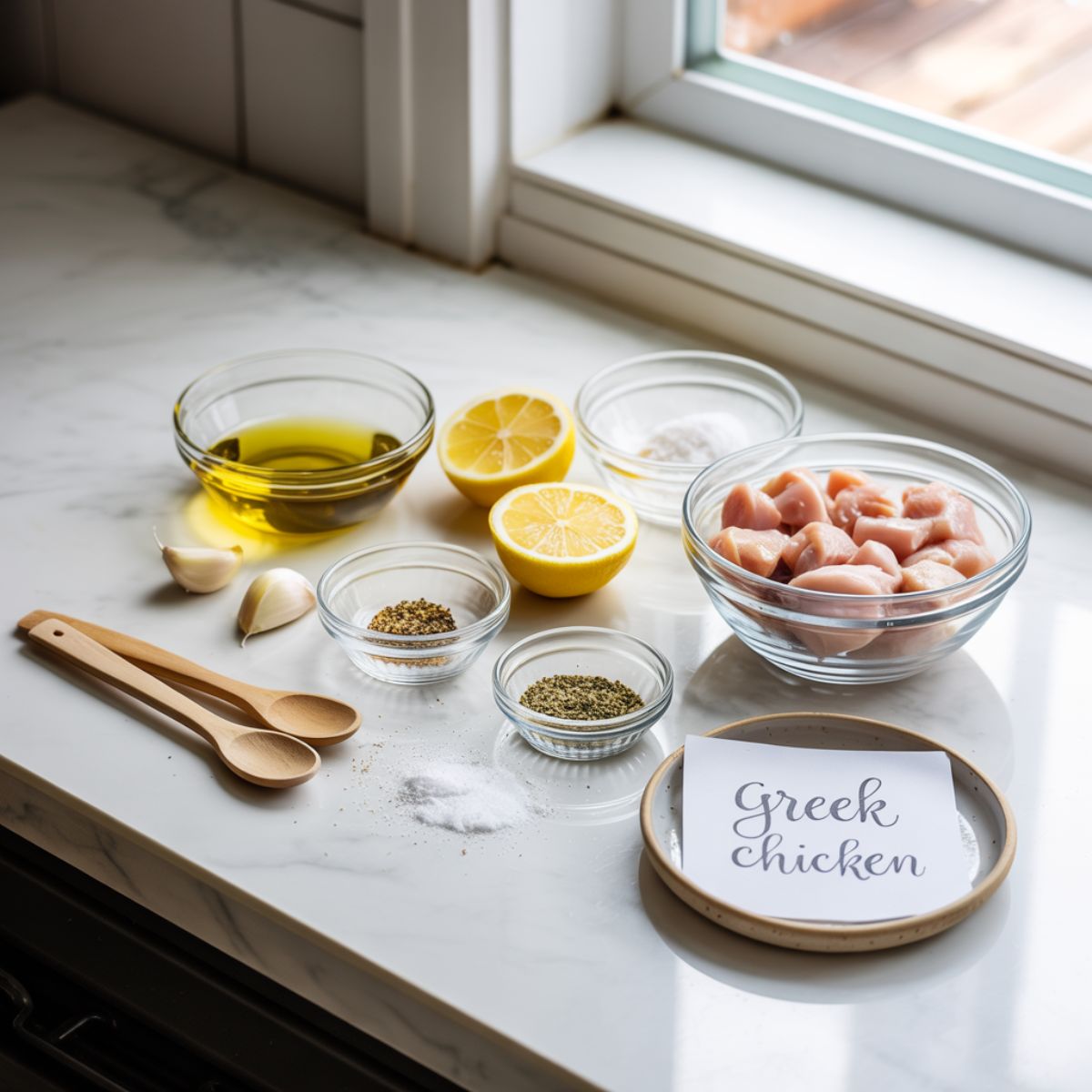 Greek chicken recipe ingredients arranged on a white marble kitchen counter including lemon, garlic, oregano, and chicken thighs.