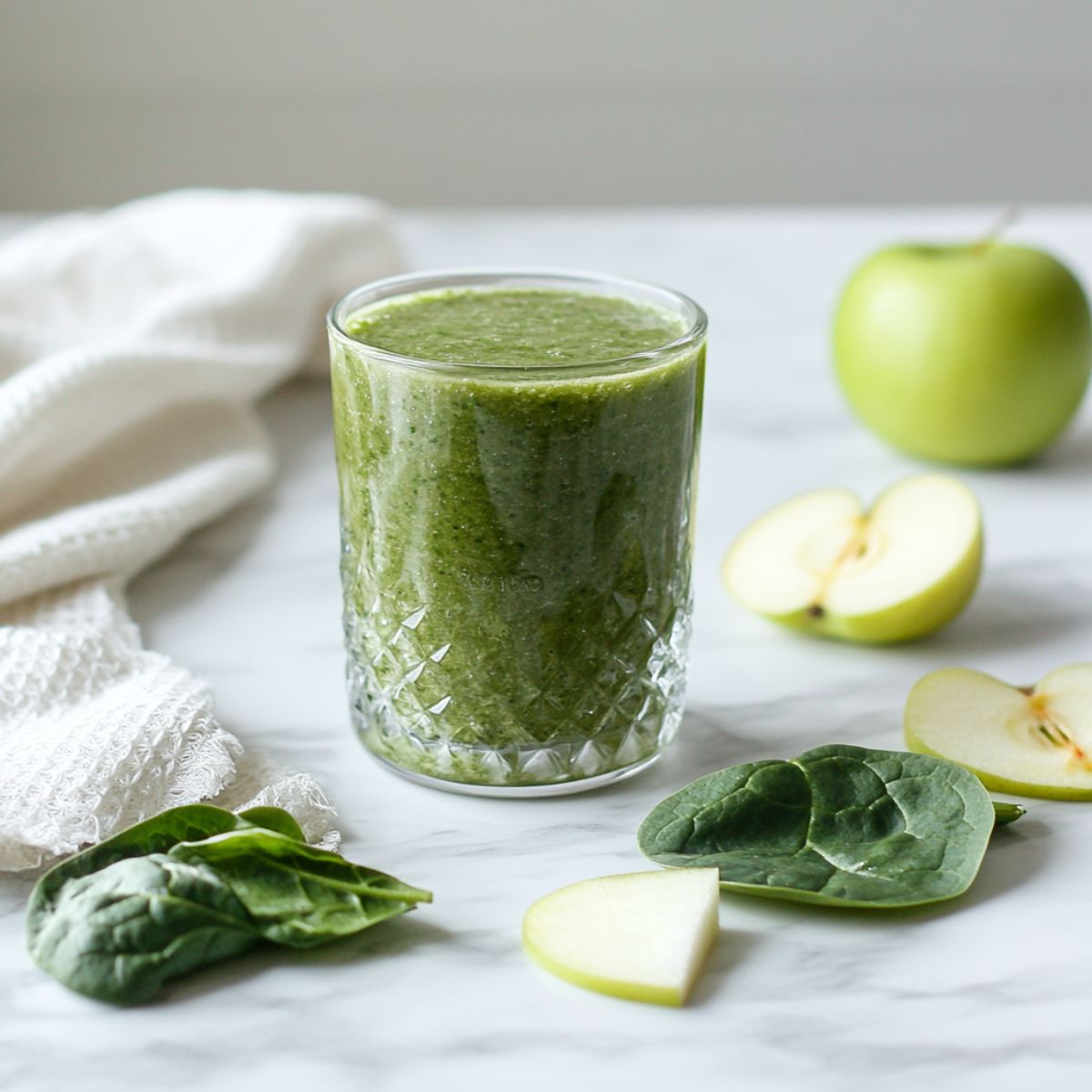 Glass of Green Detox Smoothie recipe on white kitchen counter with spinach and apple.

