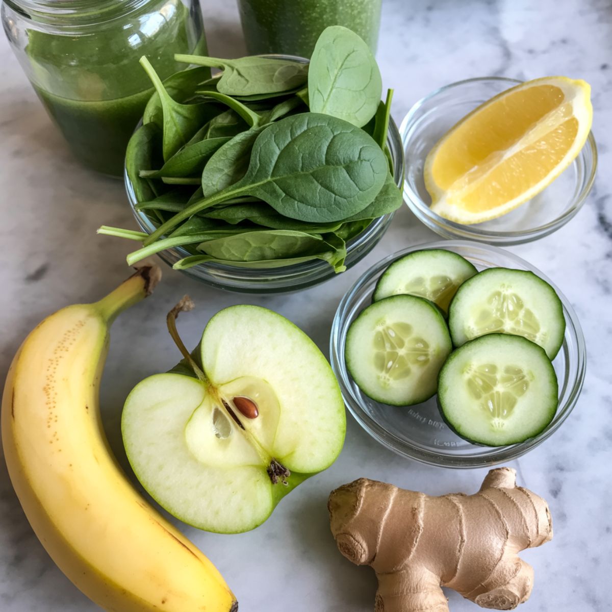 Green Detox Smoothie recipe ingredients on white marble counter in glass bowls.

