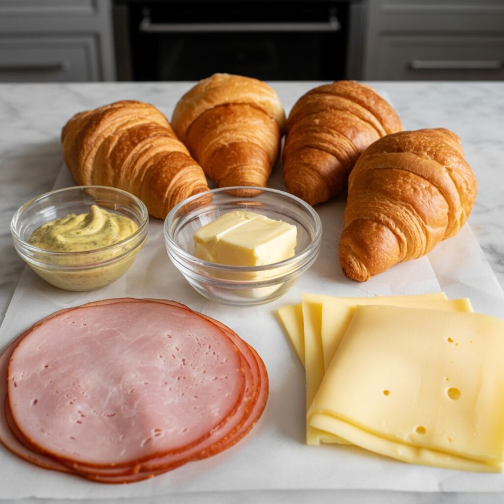 Ham, Swiss cheese, croissants, mustard, and butter ingredients on a white counter