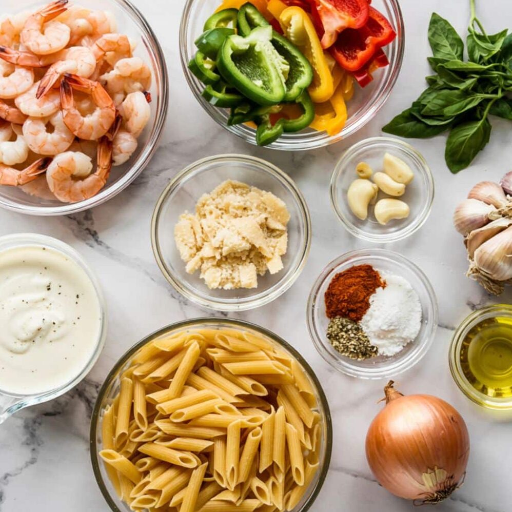 Raw ingredients for cajun shrimp pasta recipe organized in glass bowls on a marble counter.