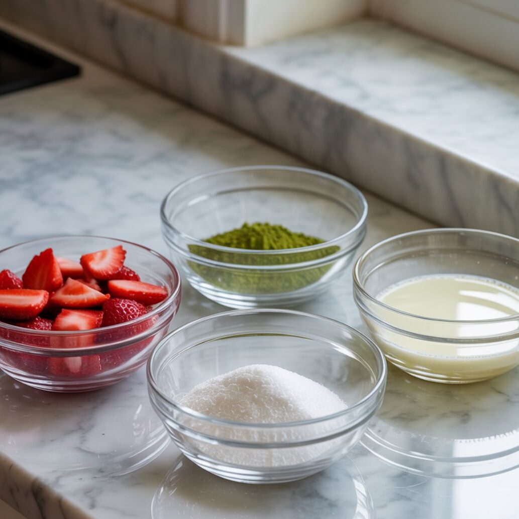 Strawberries, matcha powder, milk, and sugar in glass bowls on a marble counter