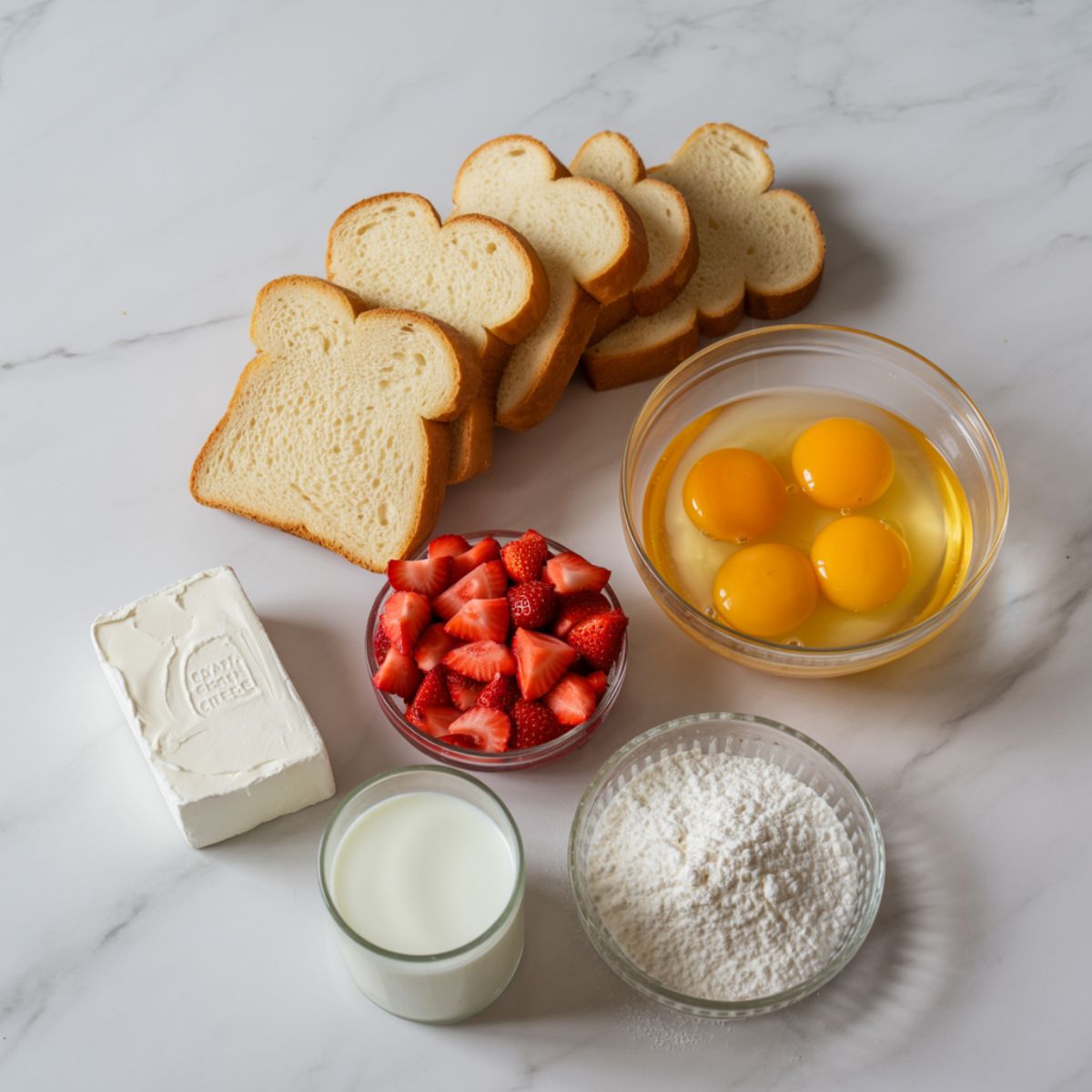 Ingredients laid out for strawberry cream cheese French toast recipe