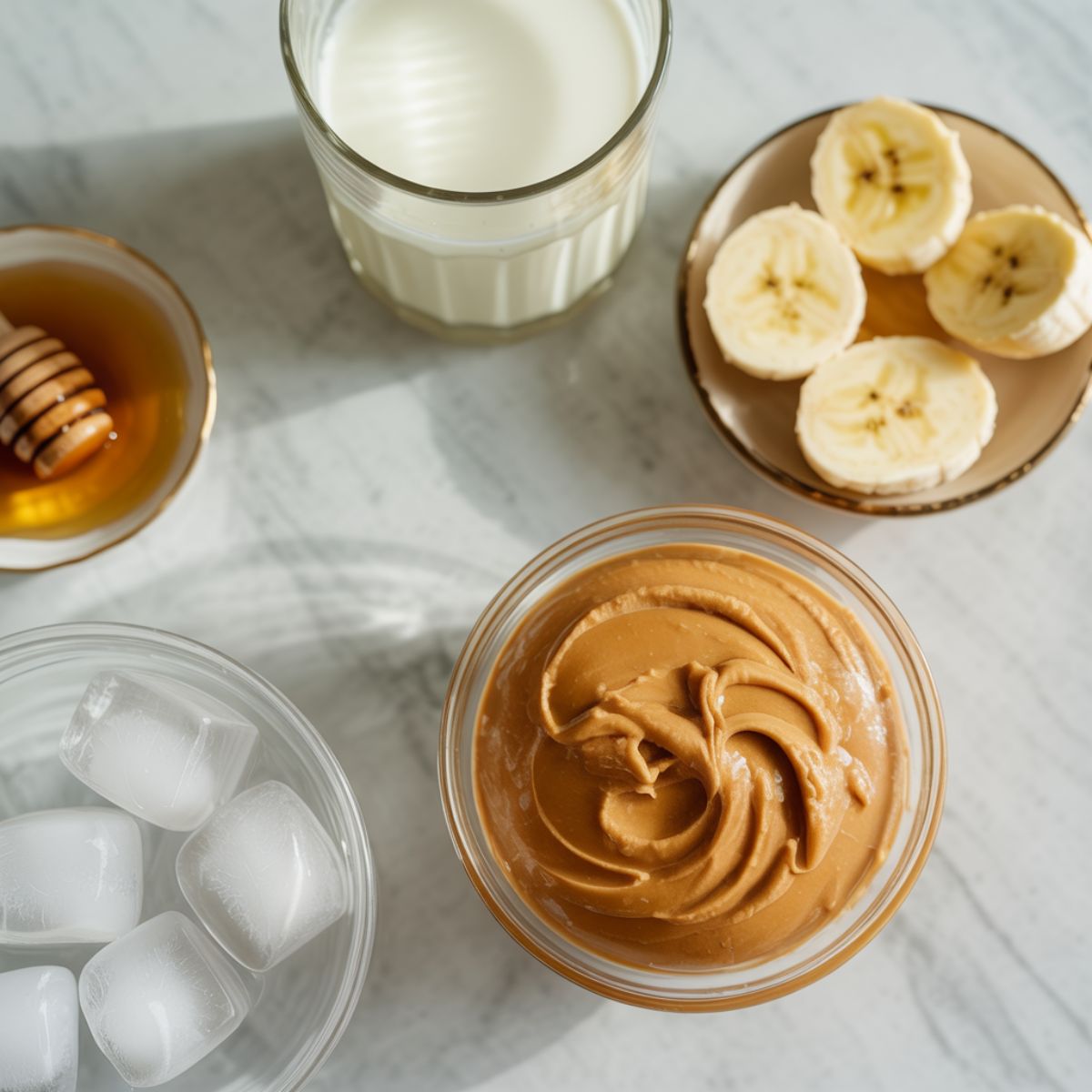 Overhead view of peanut butter shake ingredients: peanut butter, banana, milk, honey, and ice