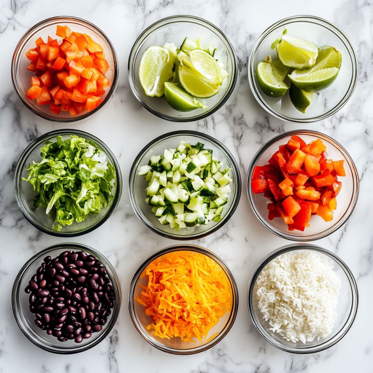 Burrito bowls recipe ingredients arranged in glass bowls on a white marble countertop.