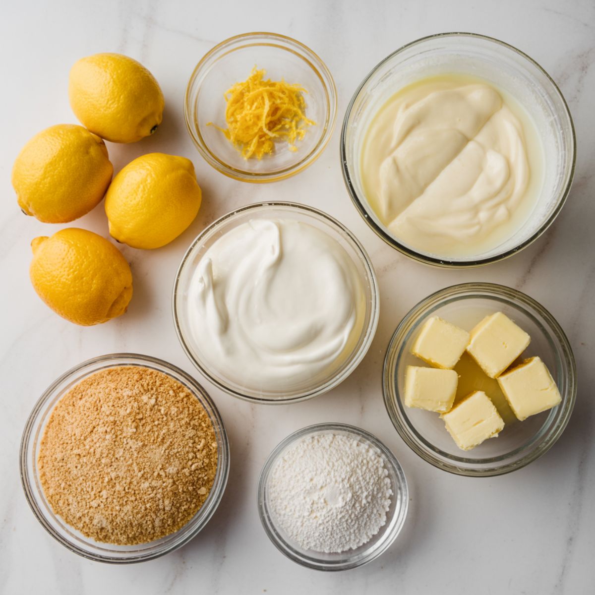Ingredients for lemon cream pie recipe laid out on a white kitchen counter