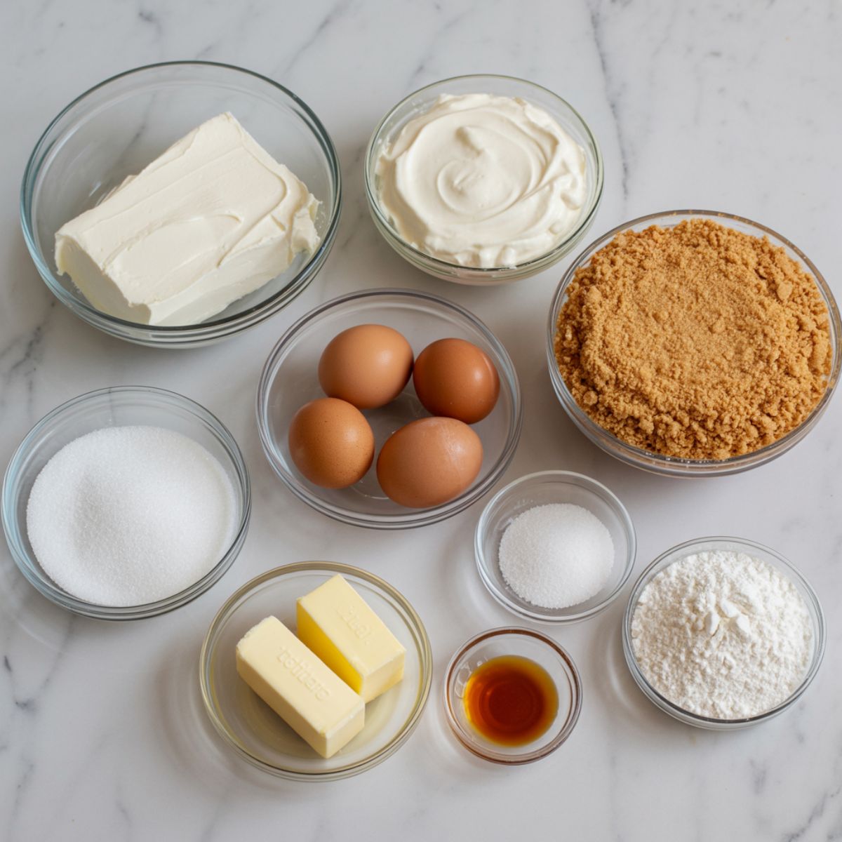 Vanilla cheesecake recipe ingredients arranged in glass bowls on white marble countertop