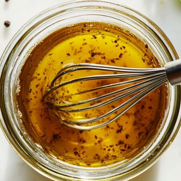Top-down view of La Scala salad dressing being whisked on a white marble surface