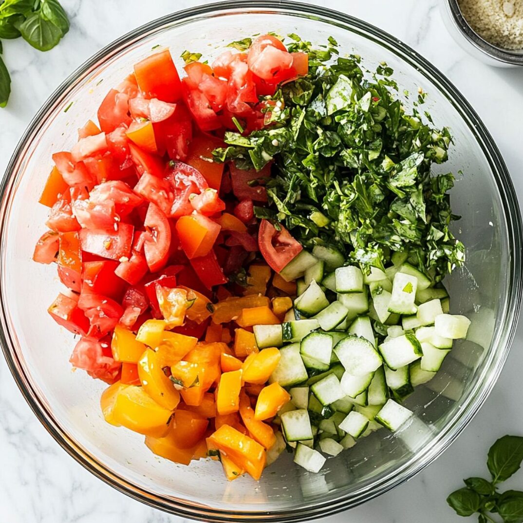 Top-down image of La Scala chopped salad being tossed in a glass bowl on white marble counter
