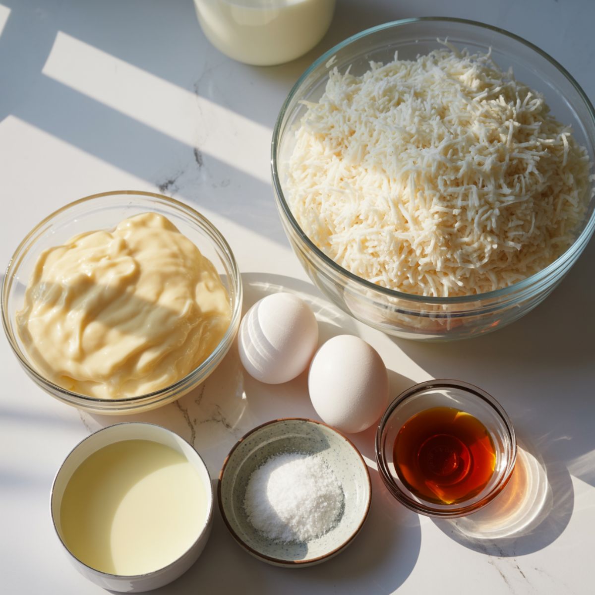 All ingredients for coconut macaroons recipe displayed on a marble counter, including coconut, condensed milk, and egg whites