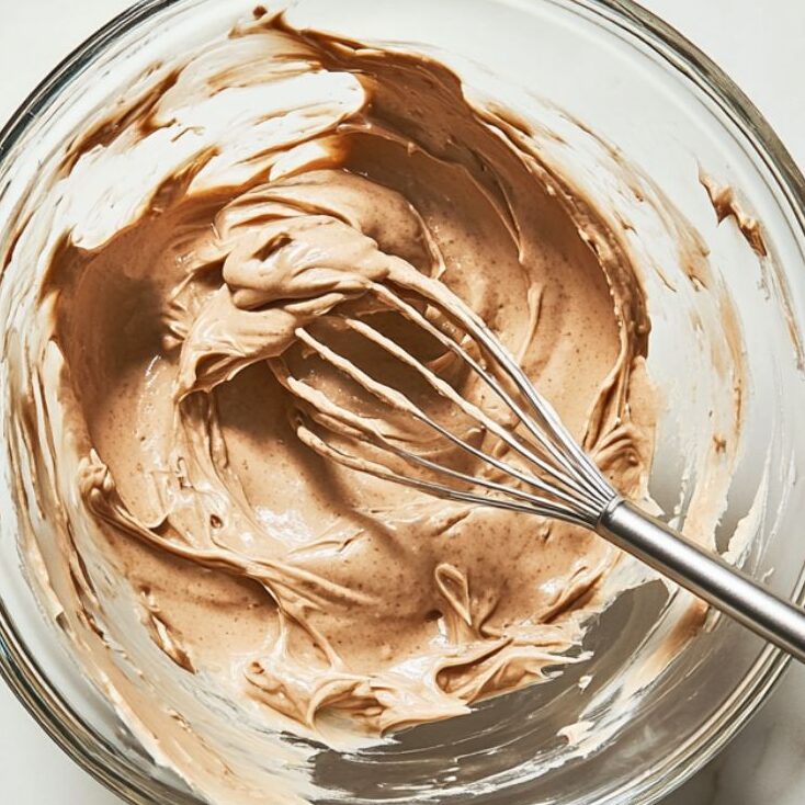 Making chocolate frosting in a glass bowl on a white marble counter