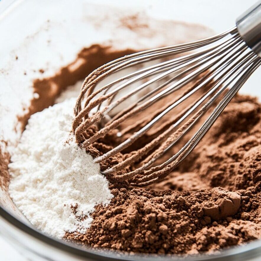 Whisking together dry ingredients for chocolate cupcakes in a glass mixing bowl
