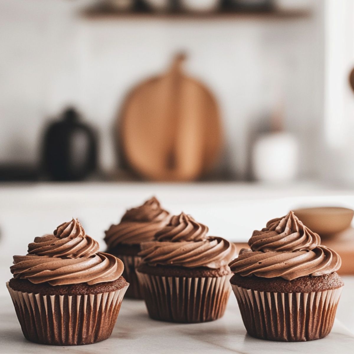 Homemade chocolate cupcakes recipe with chocolate frosting on a clean white marble counter