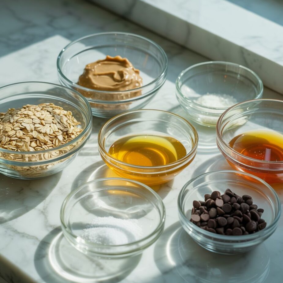 Ingredients for oatmeal balls recipe laid out in glass bowls on a white counter