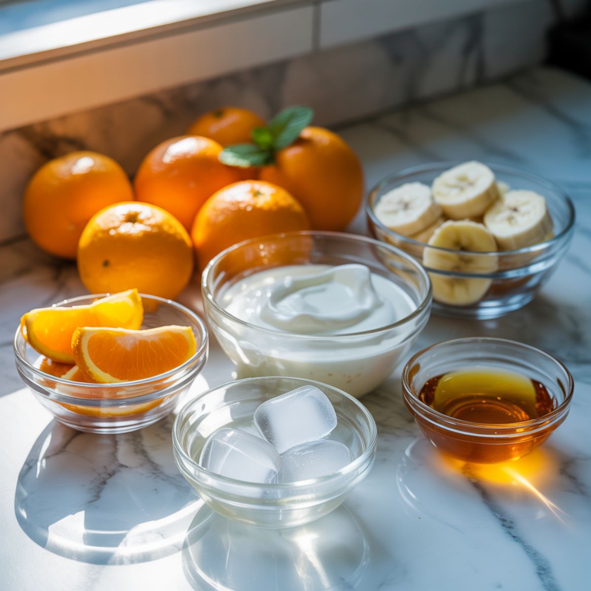 Orange smoothie recipe ingredients laid out in bowls on a marble kitchen counter
