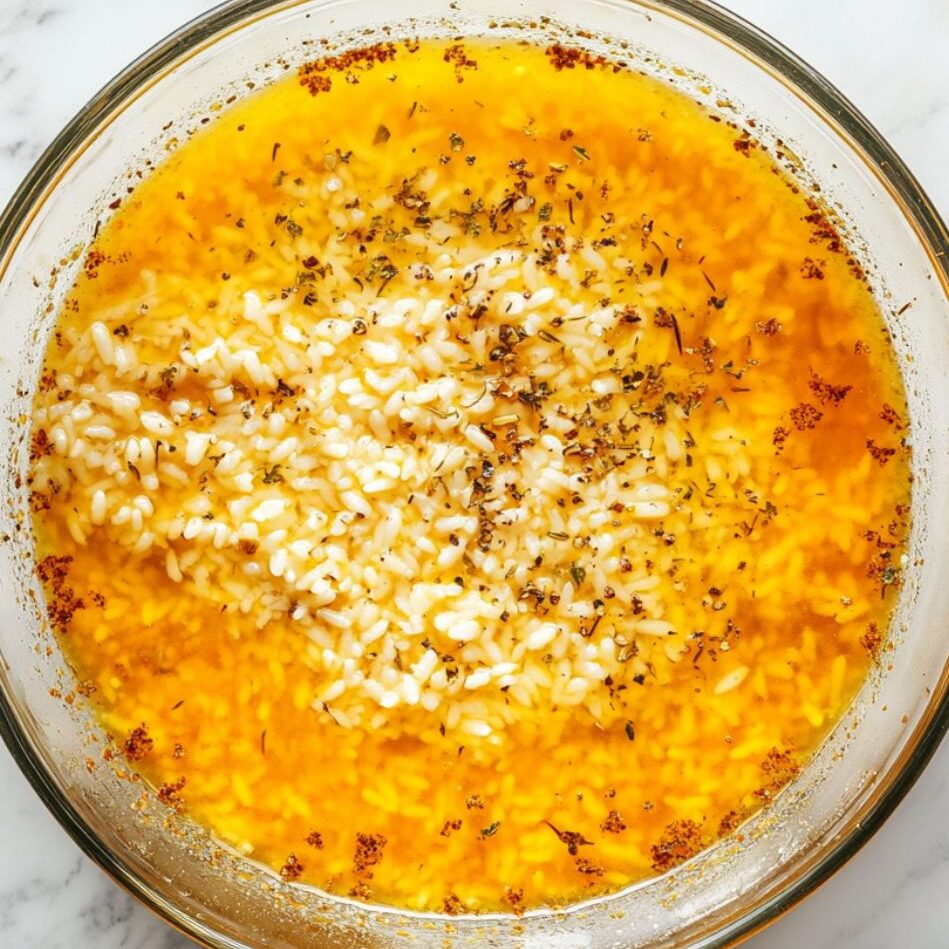 Rice and saffron broth added into the pan, starting to simmer gently in the base.