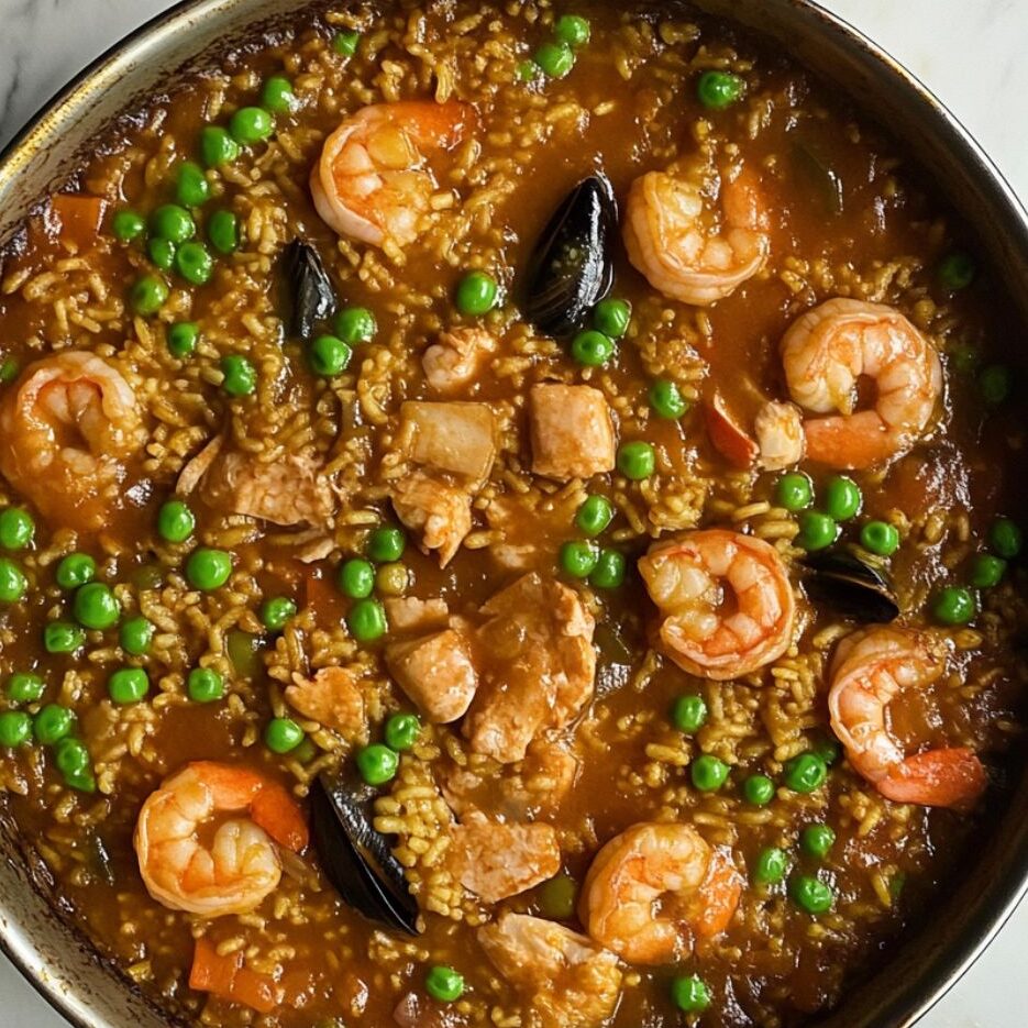 Shrimp, mussels, and peas added to simmering rice in paella pan on white marble kitchen.