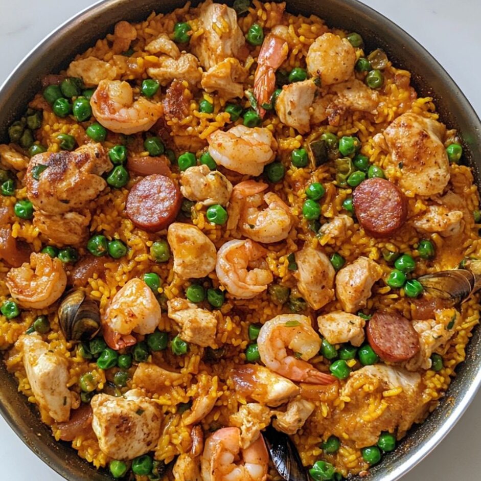 Rested paella garnished with parsley and lemon wedges in glass pan on white marble counter.