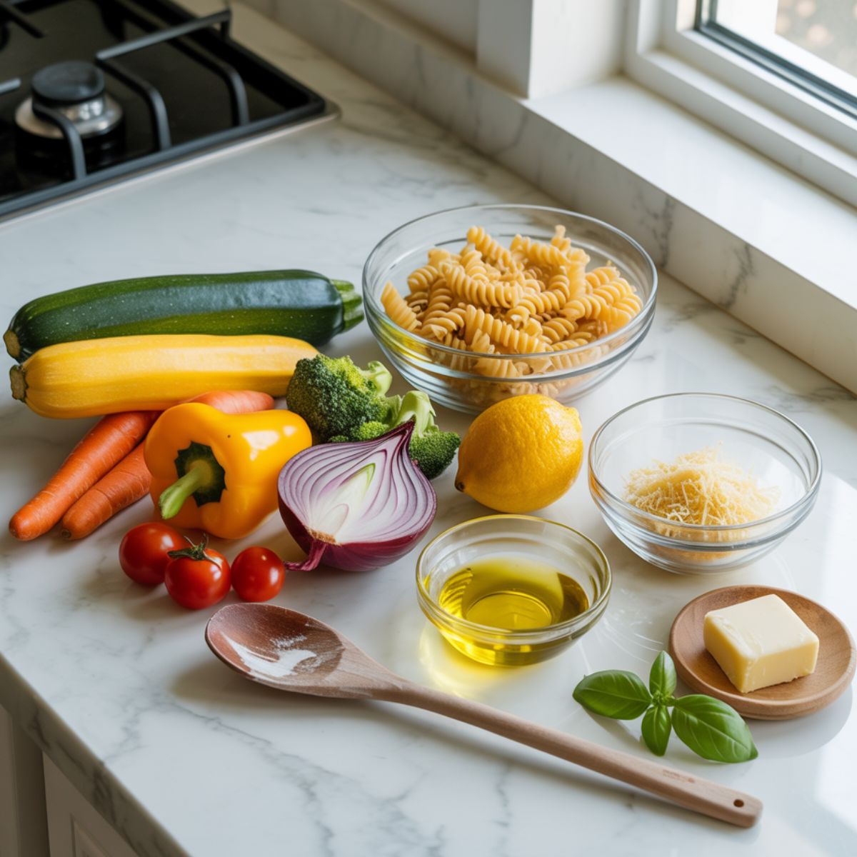 Raw ingredients for pasta primavera recipe displayed in glass bowls on white counter